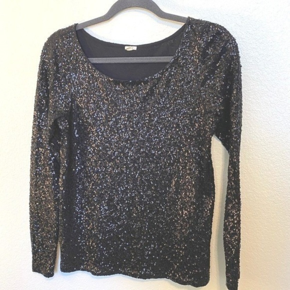 J. Crew Evening Black Sequin Long Sleeve Top Shimmer Party Blouse Holiday SZ S